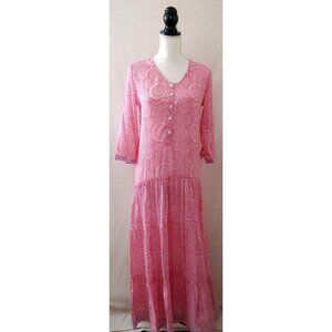 BELL By Alicia Bell Pink Tiered Maxi Dress Roll Tab Sleeves Button Front Size XS